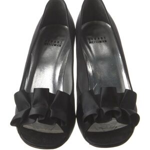 Stuart Weitzman Satin Black Ruffle Embellishment Pumps